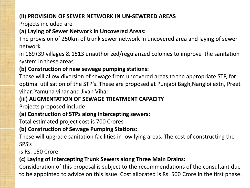 ii provision of sewer network in un sewered areas