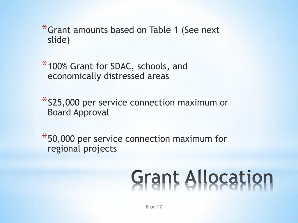 grant amounts based on table 1 see next slide
