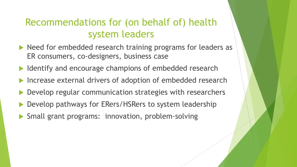 recommendations for on behalf of health system