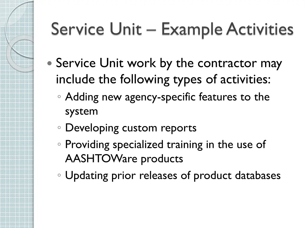 service unit example activities