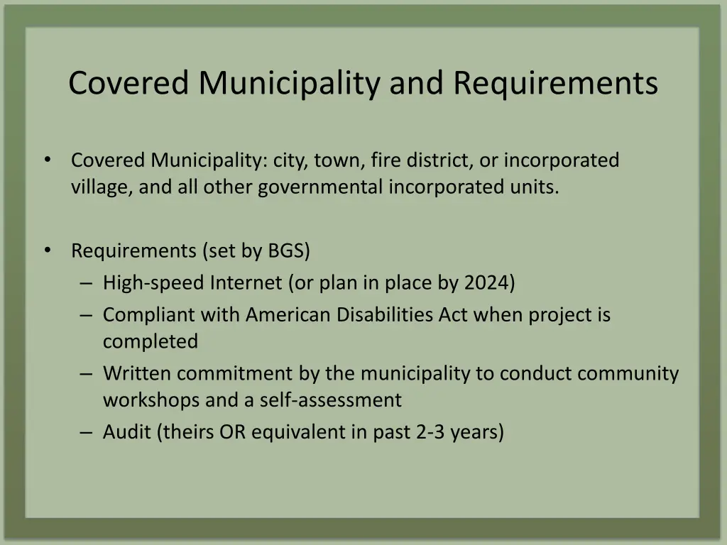 covered municipality and requirements