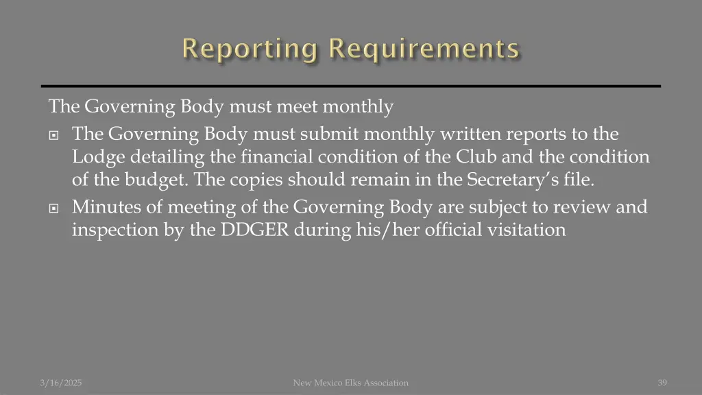 the governing body must meet monthly