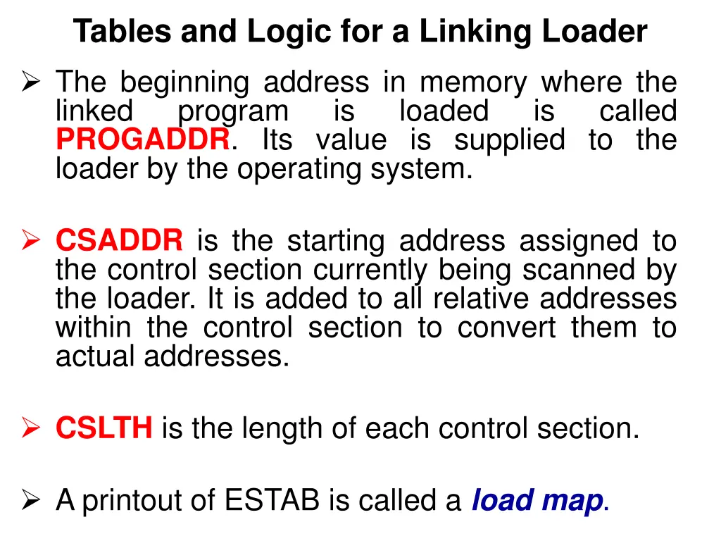 tables and logic for a linking loader 1