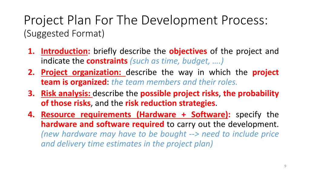 project plan for the development process