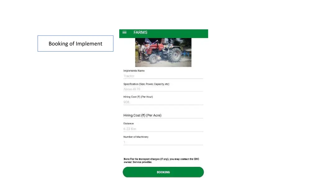 booking of implement