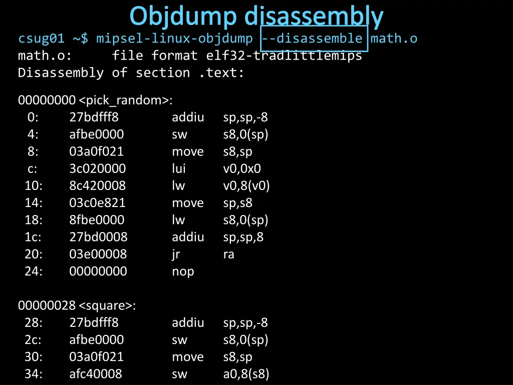 objdump disassembly csug01 mipsel linux objdump