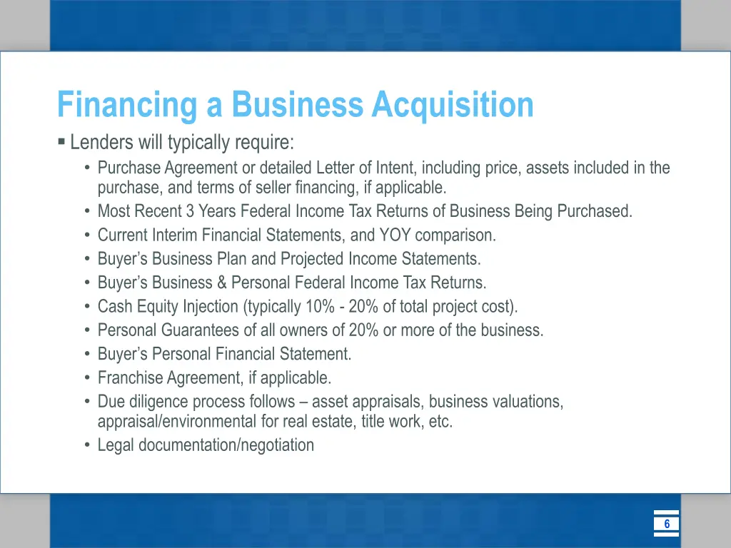 financing a business acquisition lenders will