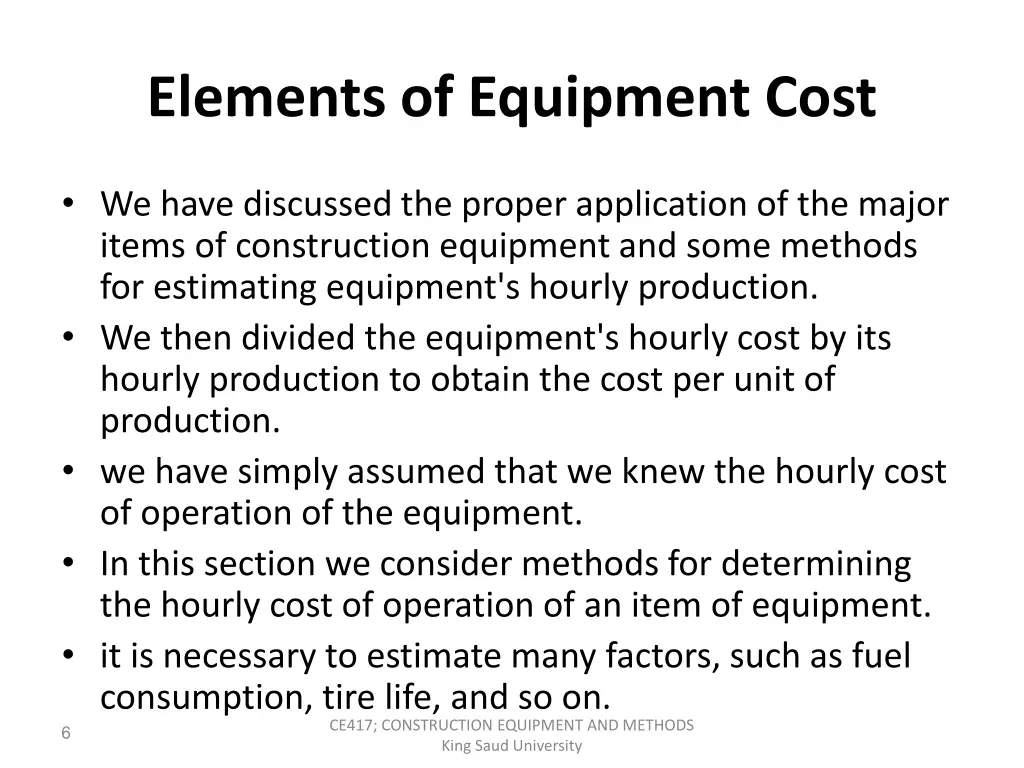 elements of equipment cost