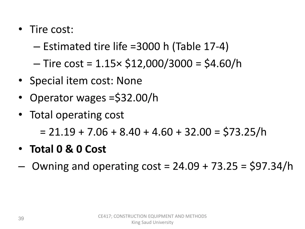 tire cost estimated tire life 3000 h table