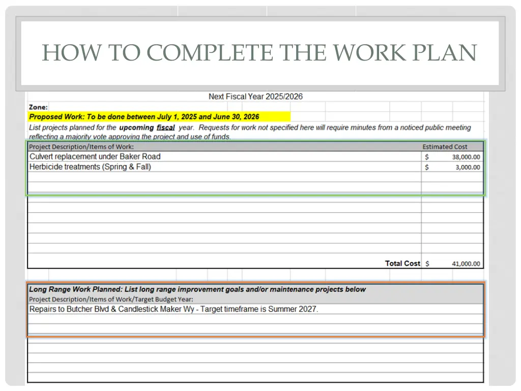 how to complete the work plan
