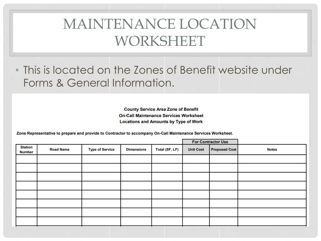 maintenance location worksheet