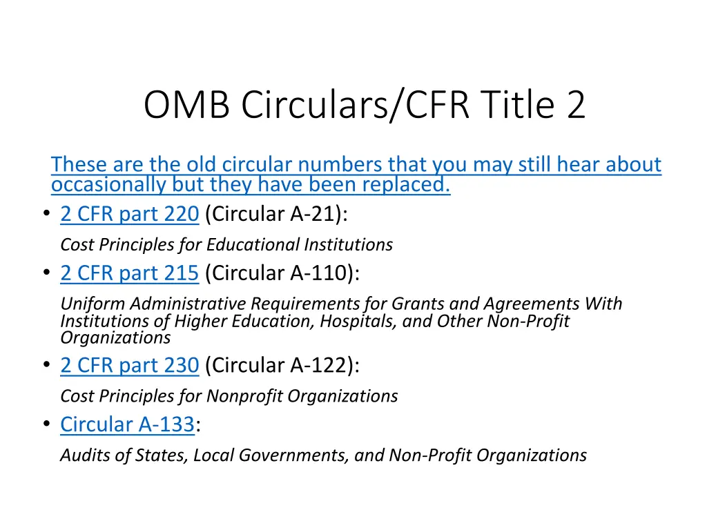omb circulars cfr title 2 1