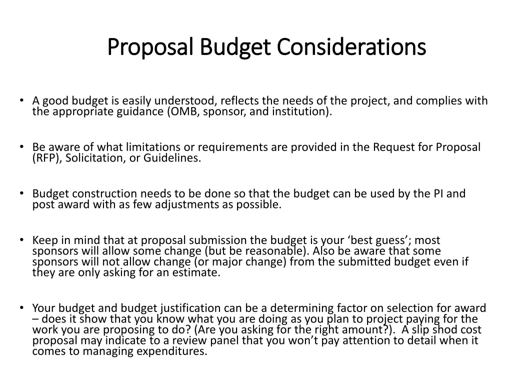 proposal budget considerations proposal budget