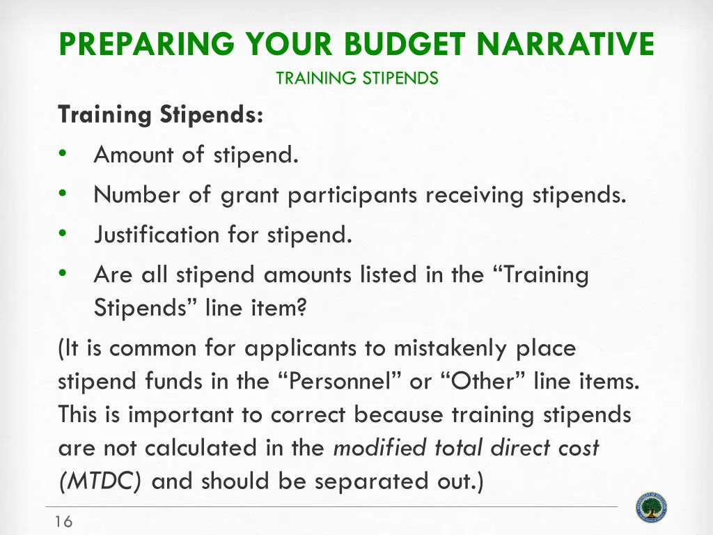 preparing your budget narrative training stipends