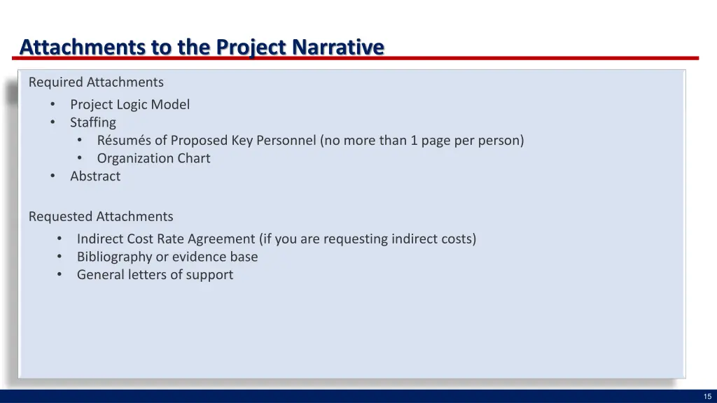 attachments to the project narrative