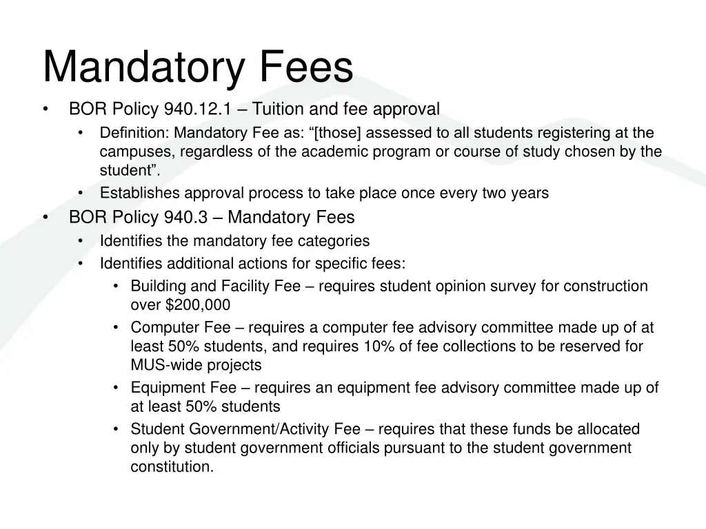 mandatory fees bor policy 940 12 1 tuition