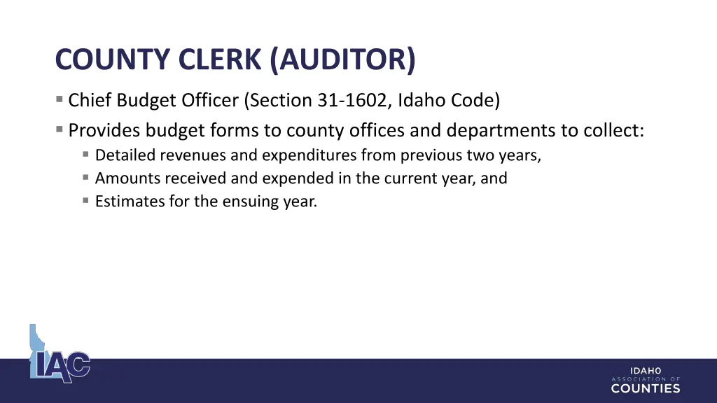 county clerk auditor chief budget officer section