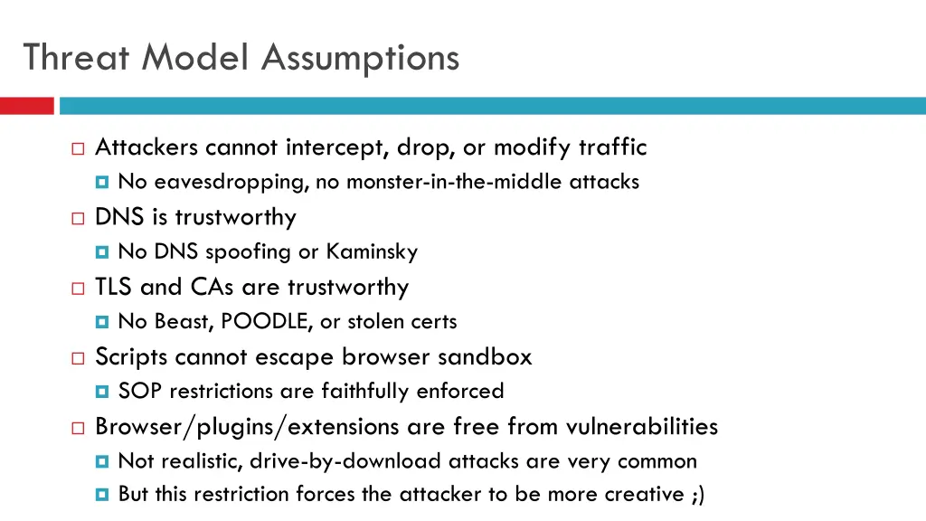 threat model assumptions