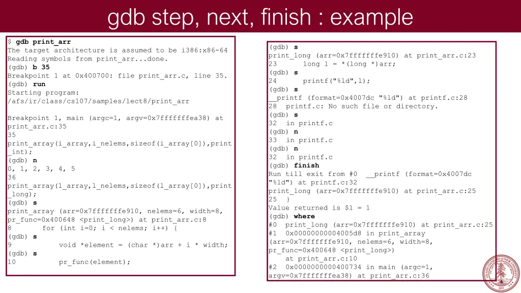 gdb step next finish example