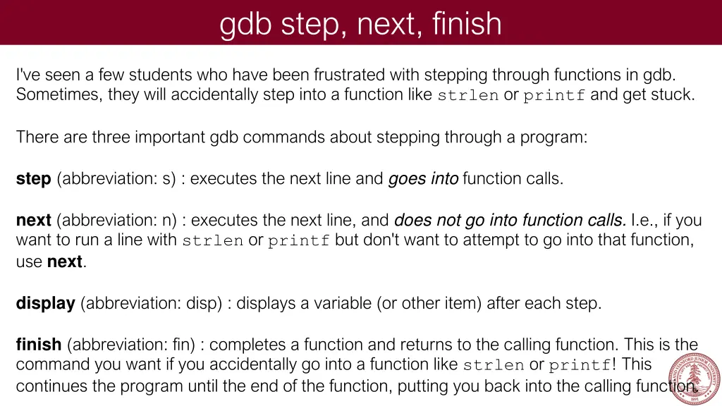 gdb step next finish