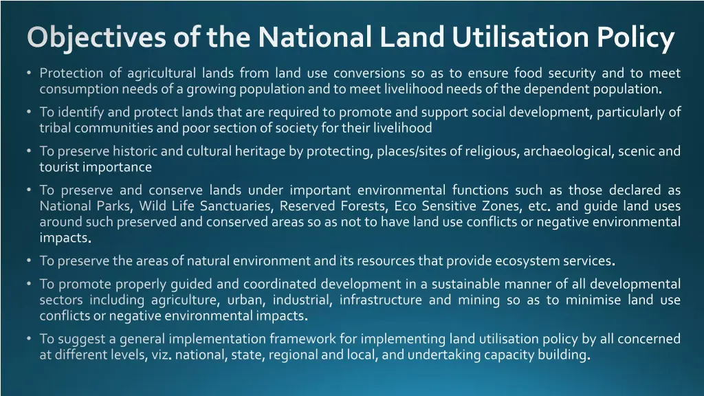 objectives of the national land utilisation policy