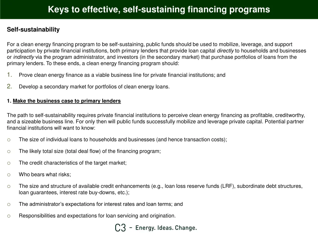 keys to effective self sustaining financing