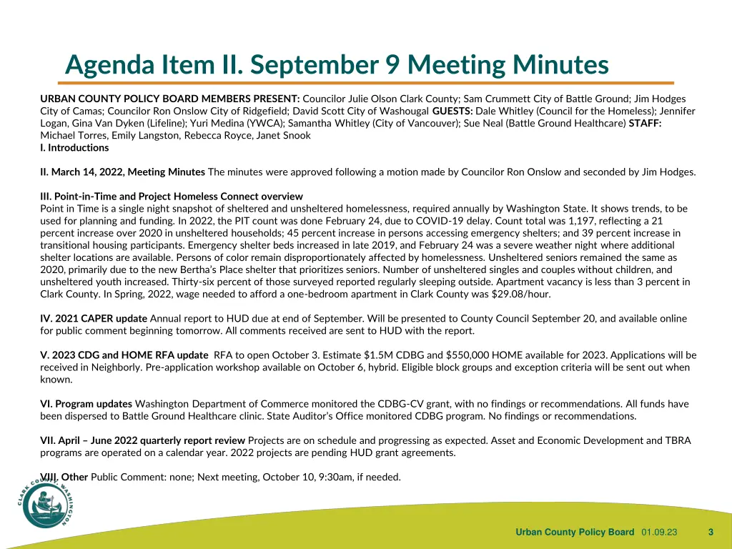 agenda item ii september 9 meeting minutes