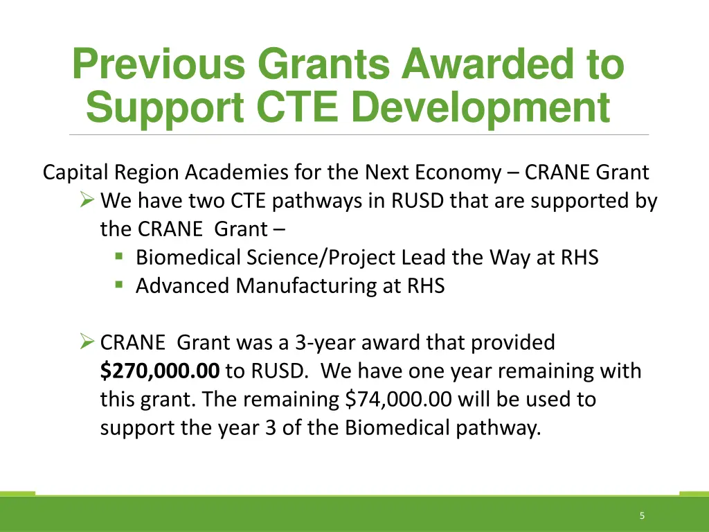 previous grants awarded to support cte development