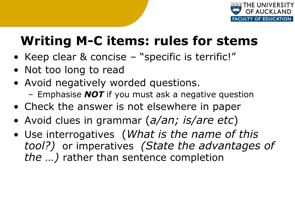 writing m c items rules for stems keep clear