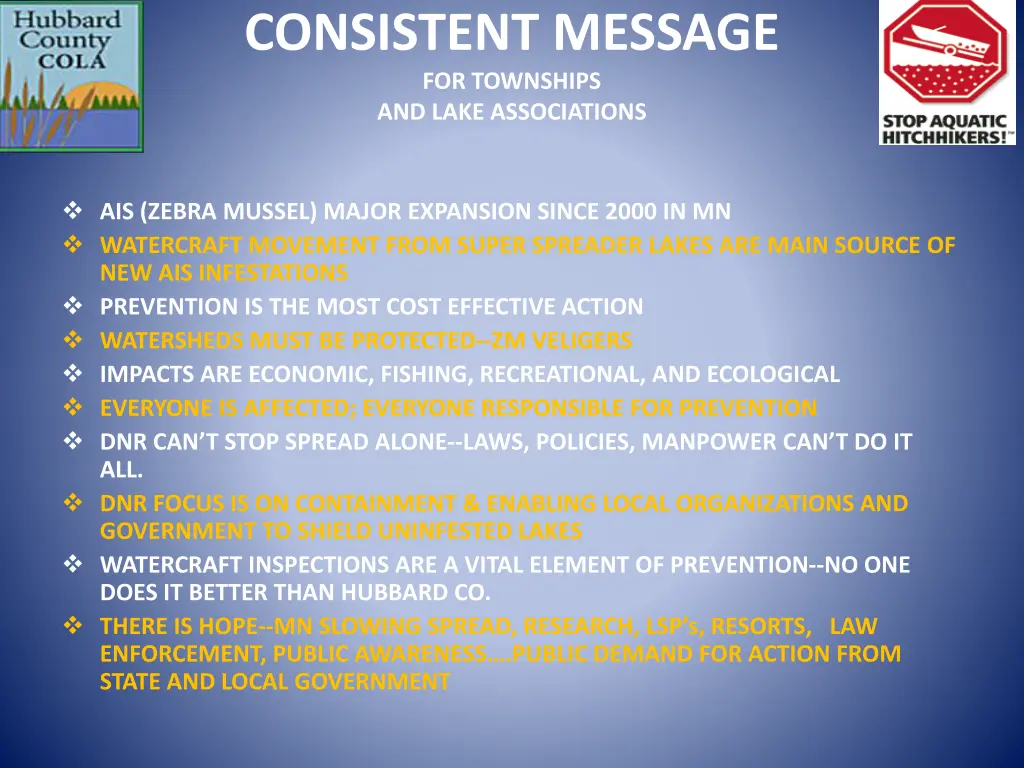 consistent message for townships and lake