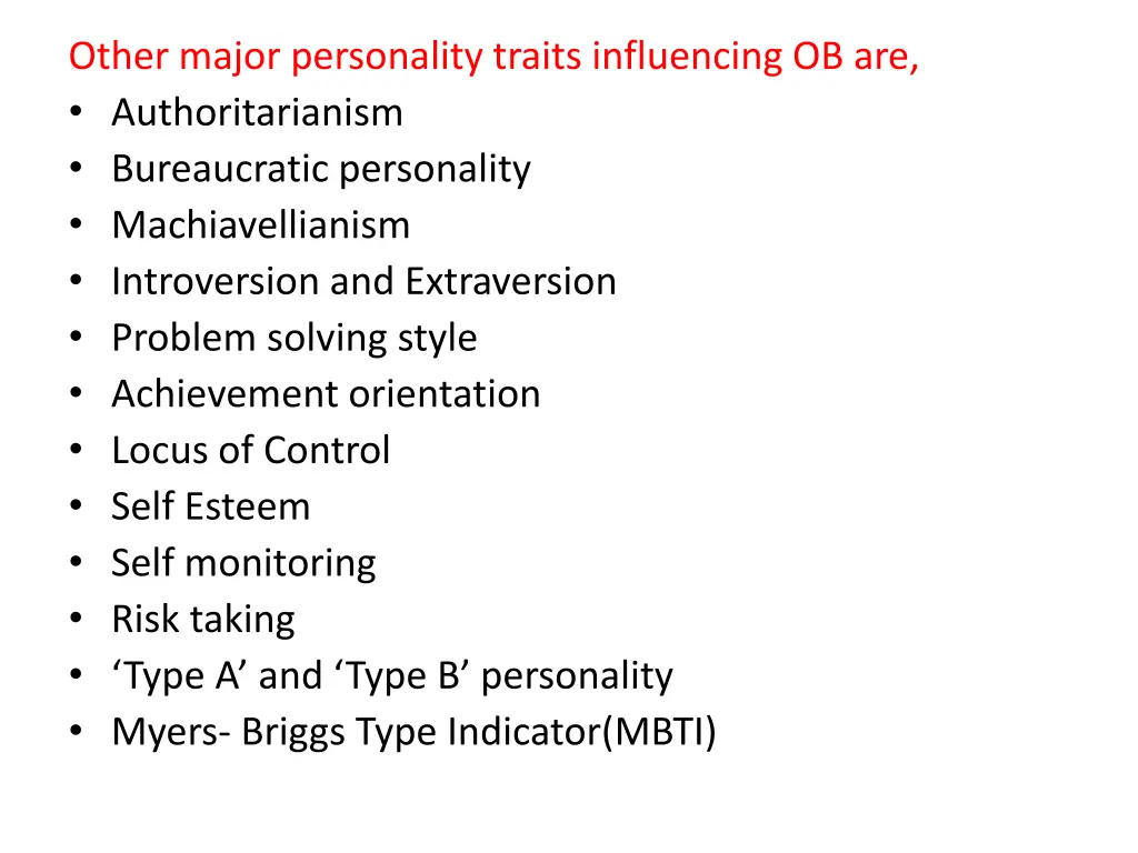 other major personality traits influencing