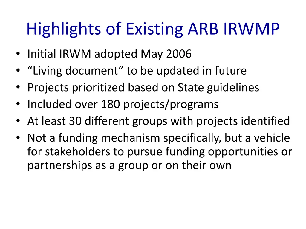 highlights of existing arb irwmp