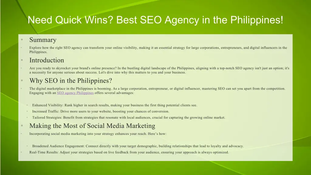 need quick wins best seo agency in the philippines