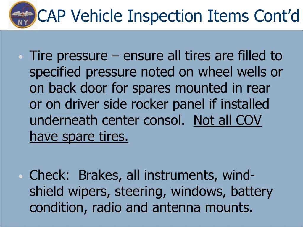 cap vehicle inspection items cont d
