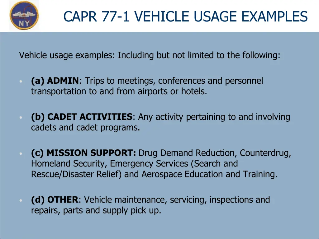 capr 77 1 vehicle usage examples
