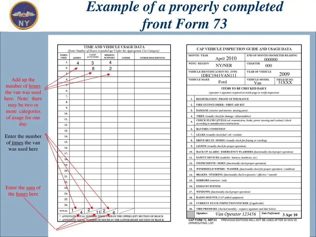 example of a properly completed front form 73