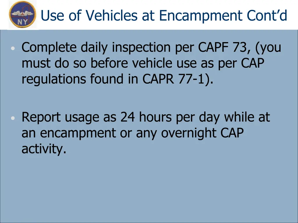 use of vehicles at encampment cont d