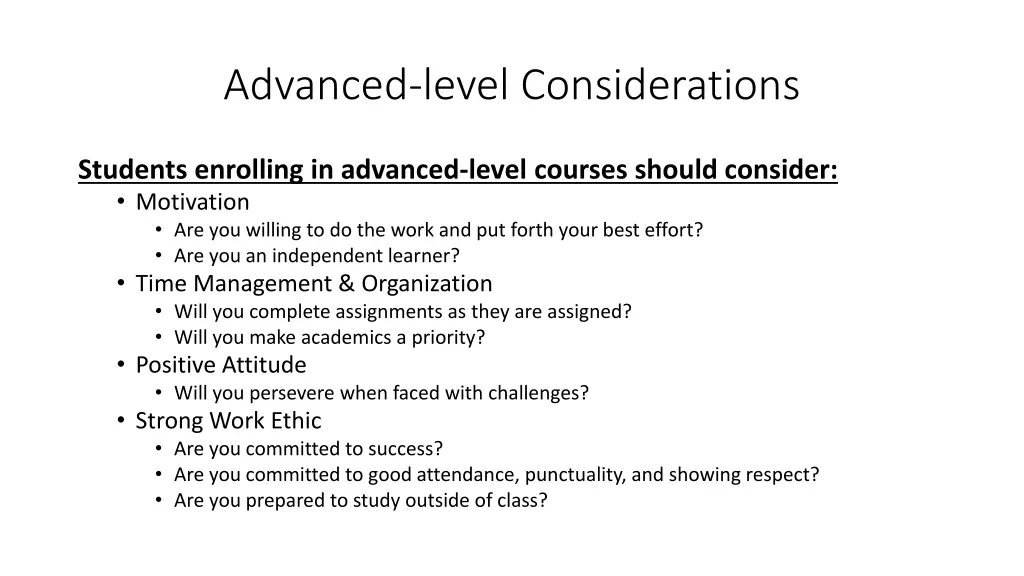 advanced level considerations