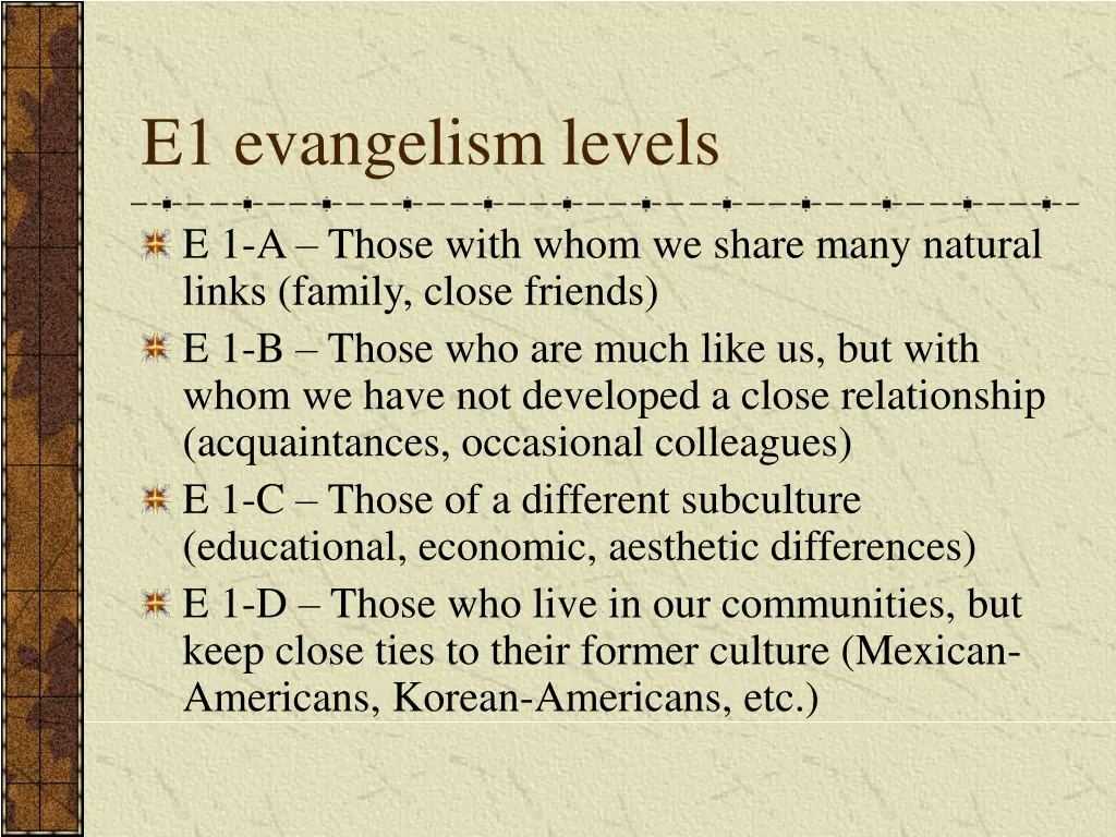 e1 evangelism levels