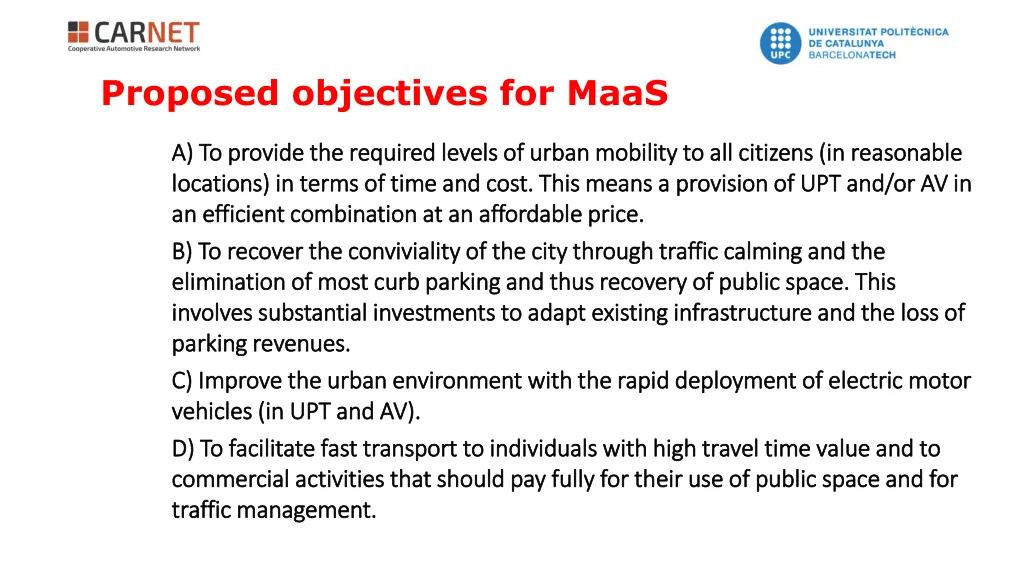 proposed objectives for maas