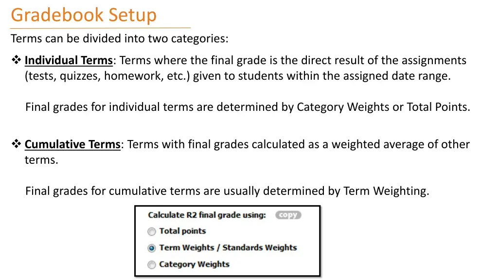 gradebook setup terms can be divided into
