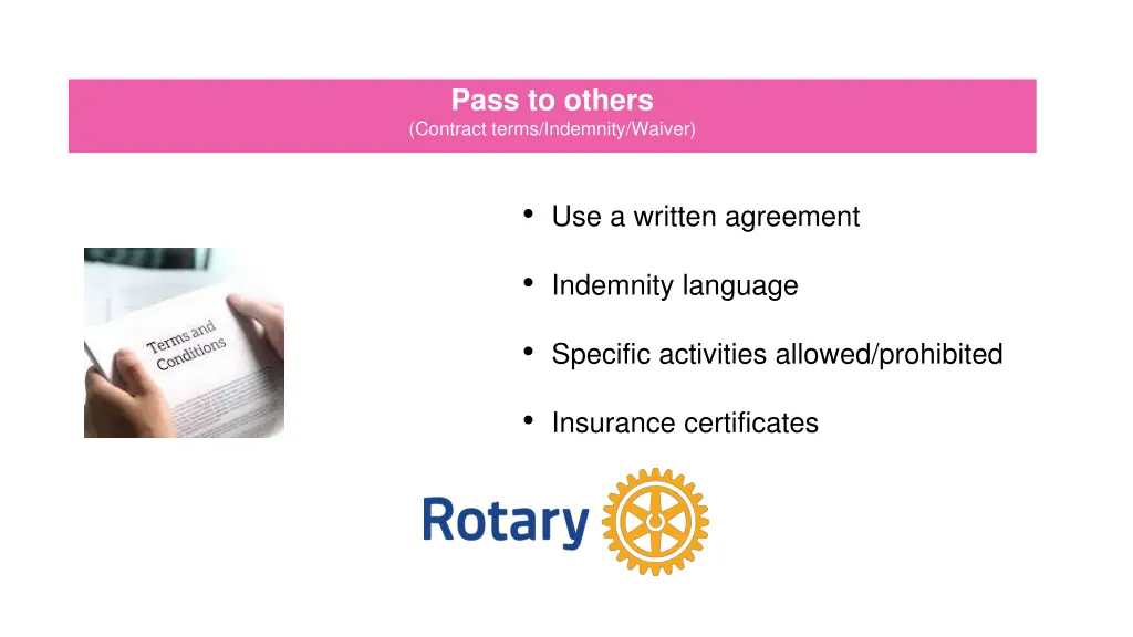pass to others contract terms indemnity waiver