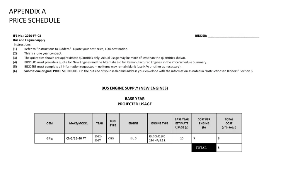 appendix a price schedule