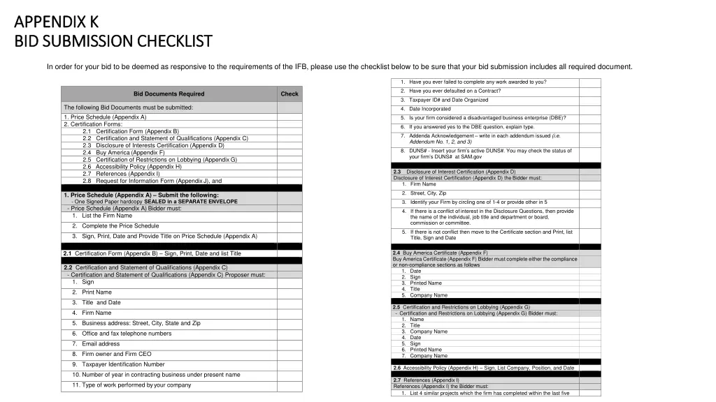 appendix k appendix k bid submission checklist