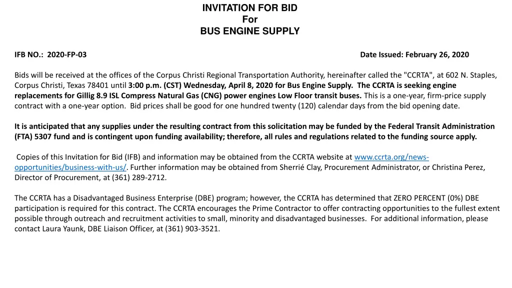 invitation for bid for bus engine supply