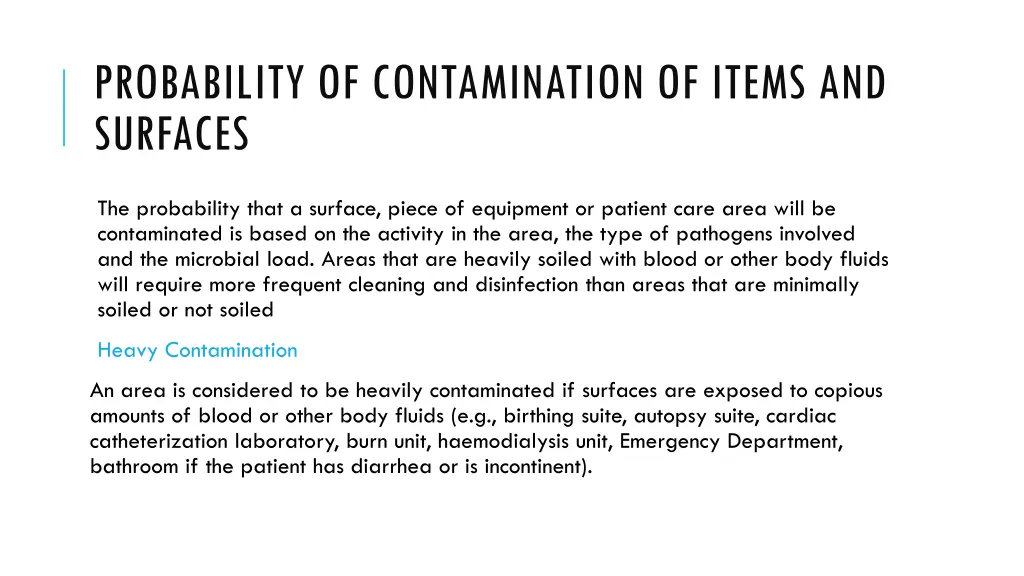 probability of contamination of items and surfaces