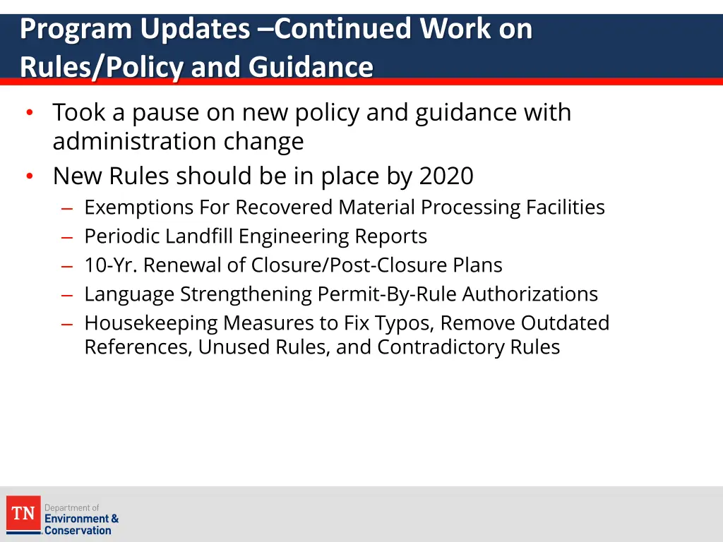 program updates continued work on rules policy
