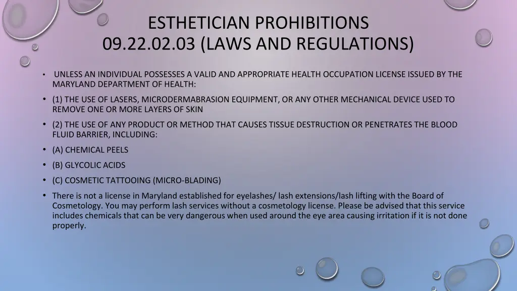 esthetician prohibitions 09 22 02 03 laws