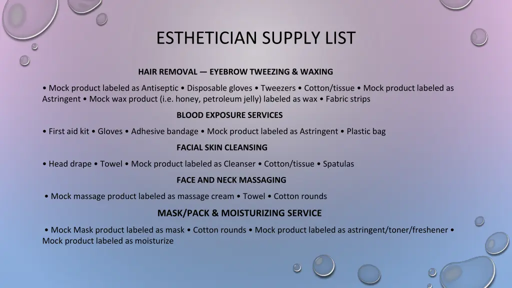 esthetician supply list