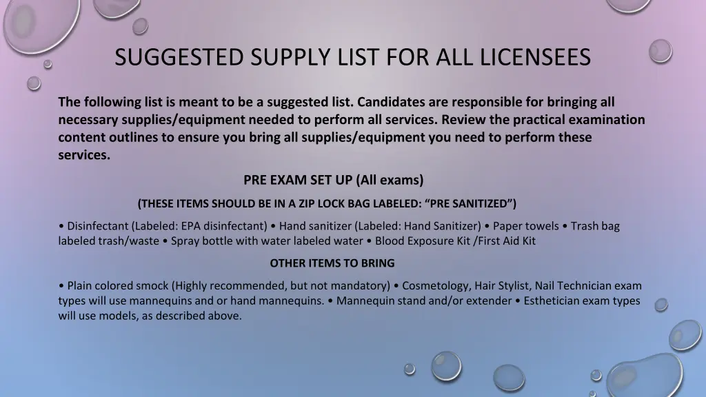 suggested supply list for all licensees